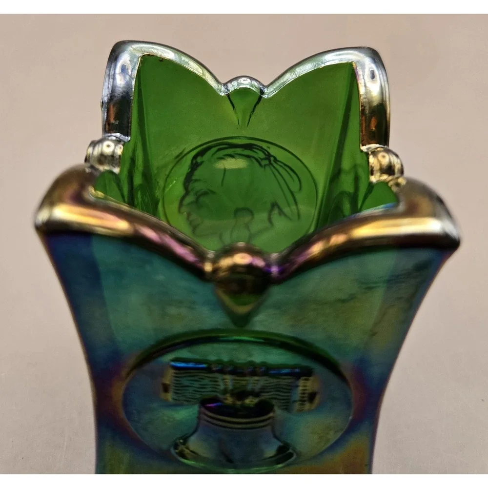 Vintage Toothpick Holder Collectable  Joe St.Clair Iridescent Green Glass Square
